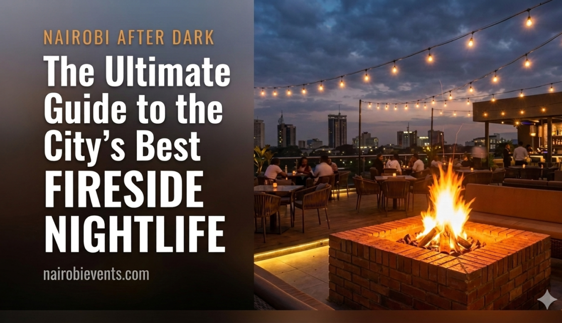 A horizontal blog banner for nairobievents.com split into a dark text panel on the left and a warm rooftop scene on the right, featuring a glowing brick fire pit, ambient string lighting, and people socializing at dusk over the Nairobi city skyline.