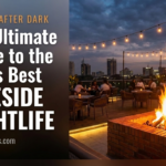 A horizontal blog banner for nairobievents.com split into a dark text panel on the left and a warm rooftop scene on the right, featuring a glowing brick fire pit, ambient string lighting, and people socializing at dusk over the Nairobi city skyline.