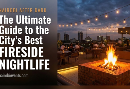 A horizontal blog banner for nairobievents.com split into a dark text panel on the left and a warm rooftop scene on the right, featuring a glowing brick fire pit, ambient string lighting, and people socializing at dusk over the Nairobi city skyline.
