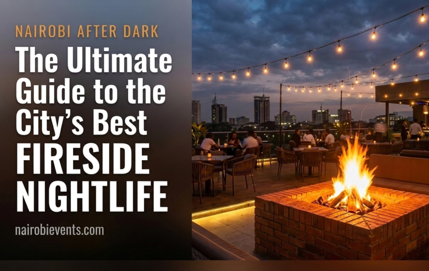 A horizontal blog banner for nairobievents.com split into a dark text panel on the left and a warm rooftop scene on the right, featuring a glowing brick fire pit, ambient string lighting, and people socializing at dusk over the Nairobi city skyline.