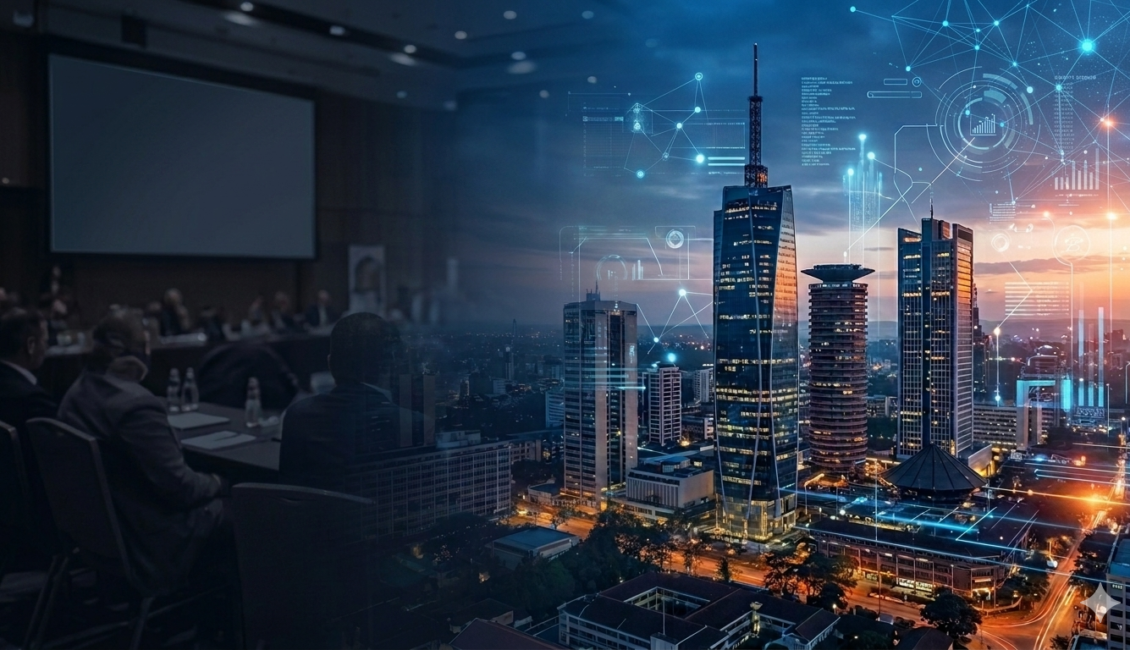 Dual-exposure conceptual graphic showcasing the illuminated Nairobi city skyline alongside an international conference auditorium hall and digital connectivity networks, representing Kenya's Silicon Savannah innovation.