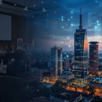 Dual-exposure conceptual graphic showcasing the illuminated Nairobi city skyline alongside an international conference auditorium hall and digital connectivity networks, representing Kenya's Silicon Savannah innovation.