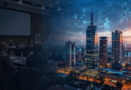 Dual-exposure conceptual graphic showcasing the illuminated Nairobi city skyline alongside an international conference auditorium hall and digital connectivity networks, representing Kenya's Silicon Savannah innovation.