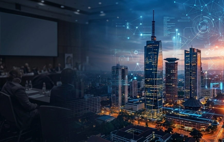 Dual-exposure conceptual graphic showcasing the illuminated Nairobi city skyline alongside an international conference auditorium hall and digital connectivity networks, representing Kenya's Silicon Savannah innovation.