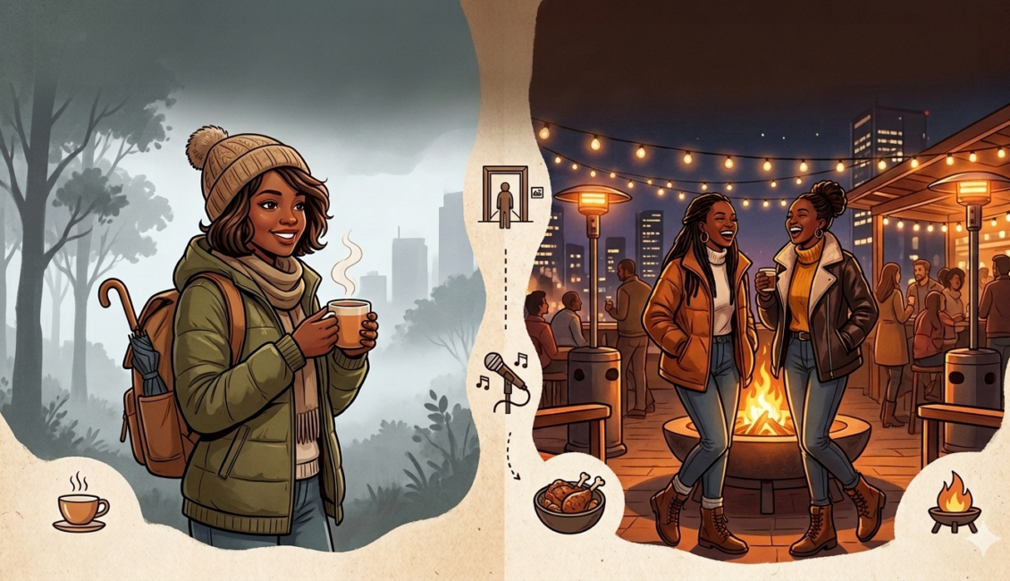 A split-screen illustration of Nairobi's cool season: the left side shows a smiling woman in a warm puffer jacket and beanie holding steaming tea in a misty forest; the right side shows people laughing around a fire pit on a lively rooftop lounge under string lights at night.