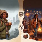 A split-screen illustration of Nairobi's cool season: the left side shows a smiling woman in a warm puffer jacket and beanie holding steaming tea in a misty forest; the right side shows people laughing around a fire pit on a lively rooftop lounge under string lights at night.