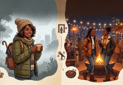 A split-screen illustration of Nairobi's cool season: the left side shows a smiling woman in a warm puffer jacket and beanie holding steaming tea in a misty forest; the right side shows people laughing around a fire pit on a lively rooftop lounge under string lights at night.