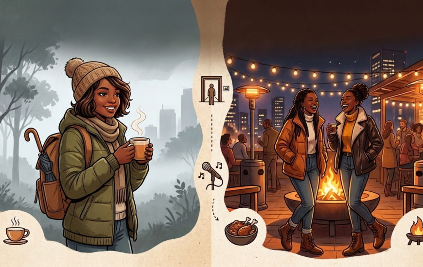 A split-screen illustration of Nairobi's cool season: the left side shows a smiling woman in a warm puffer jacket and beanie holding steaming tea in a misty forest; the right side shows people laughing around a fire pit on a lively rooftop lounge under string lights at night.