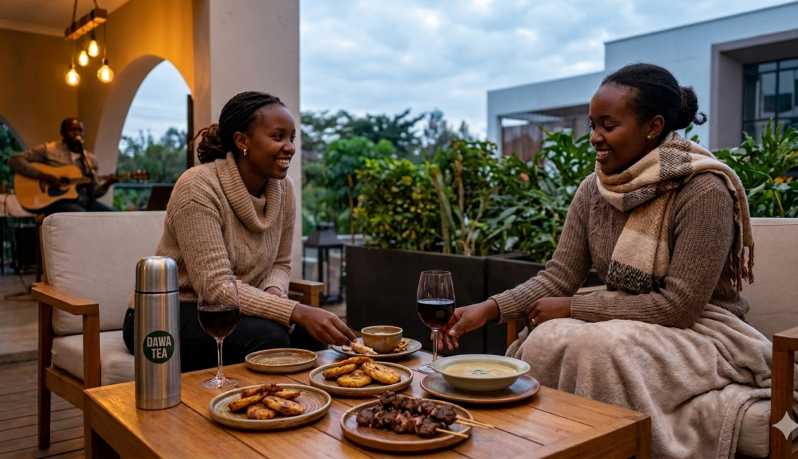 Two women in cozy sweaters sharing a meal and wine on an outdoor terrace in Nairobi during June, with a live acoustic guitar player in the background.