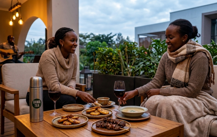 Two women in cozy sweaters sharing a meal and wine on an outdoor terrace in Nairobi during June, with a live acoustic guitar player in the background.