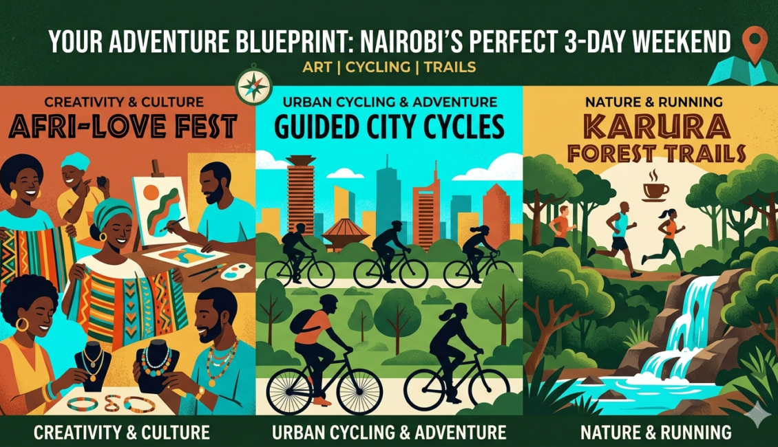 Three-panel illustrated travel poster for a Nairobi weekend itinerary showing artists at Afri-Love Fest, cyclists in front of the city skyline, and runners on a forest trail near a waterfall.