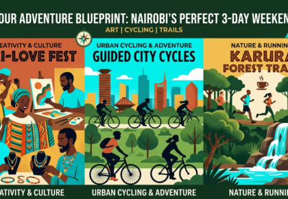 Three-panel illustrated travel poster for a Nairobi weekend itinerary showing artists at Afri-Love Fest, cyclists in front of the city skyline, and runners on a forest trail near a waterfall.