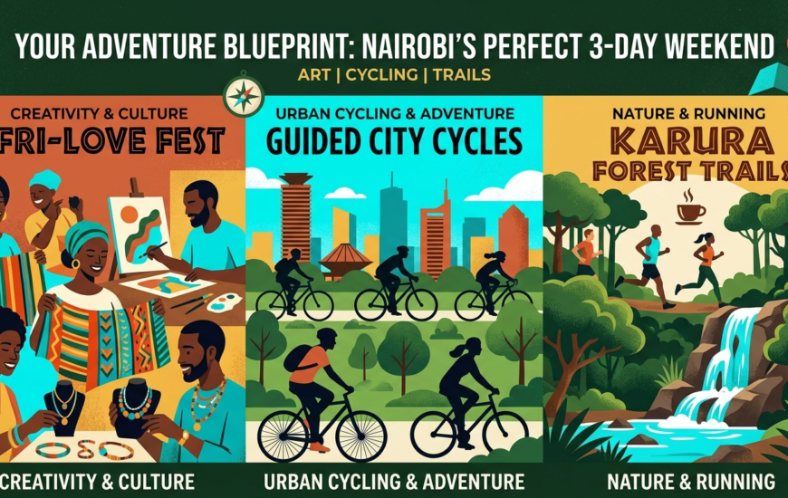 Three-panel illustrated travel poster for a Nairobi weekend itinerary showing artists at Afri-Love Fest, cyclists in front of the city skyline, and runners on a forest trail near a waterfall.
