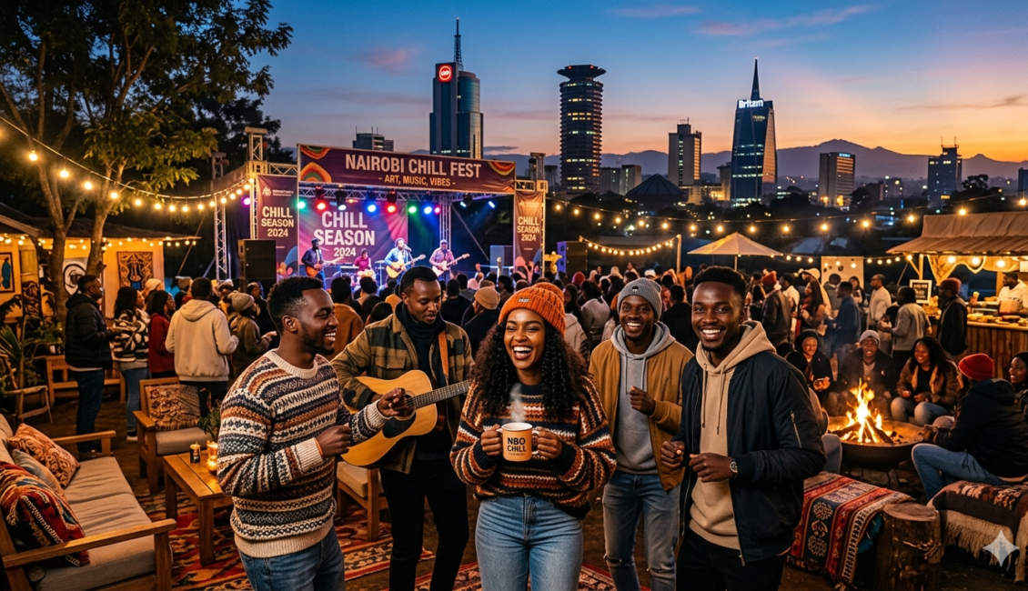 A vibrant outdoor evening music festival in Nairobi during the chilly season, featuring people in sweaters gathered around a bonfire with the city skyline in the background.