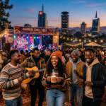 A vibrant outdoor evening music festival in Nairobi during the chilly season, featuring people in sweaters gathered around a bonfire with the city skyline in the background.