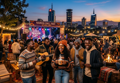 A vibrant outdoor evening music festival in Nairobi during the chilly season, featuring people in sweaters gathered around a bonfire with the city skyline in the background.