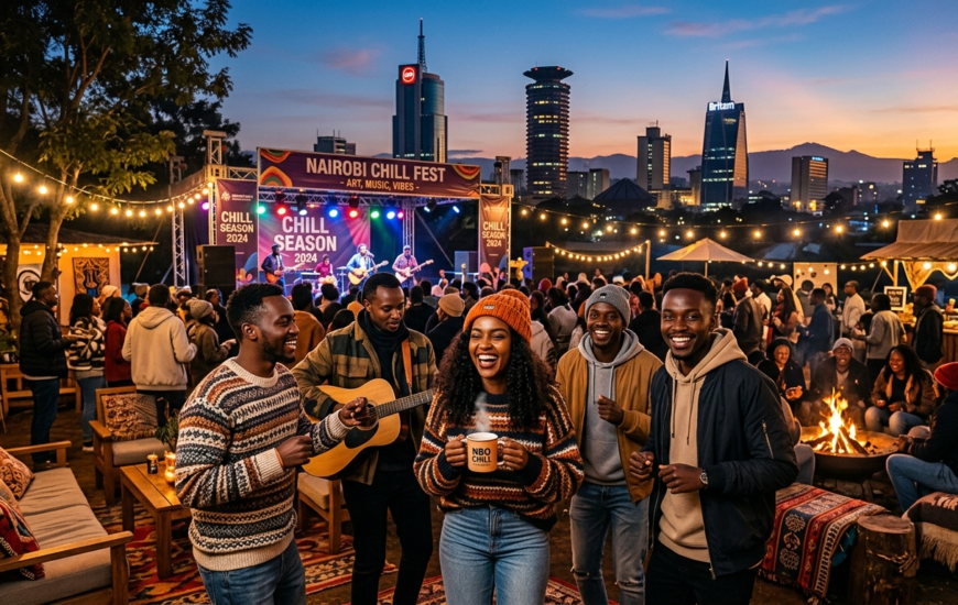 A vibrant outdoor evening music festival in Nairobi during the chilly season, featuring people in sweaters gathered around a bonfire with the city skyline in the background.