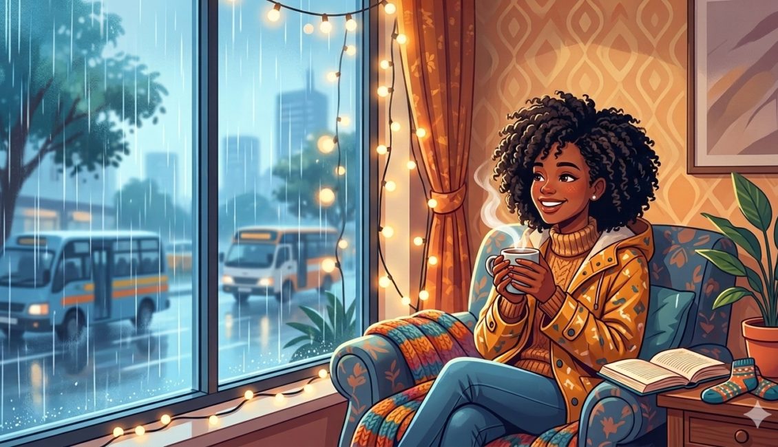 A stylized illustration of a Black woman with curly hair relaxing indoors on a cozy armchair, smiling and holding a steaming mug while watching a heavy downpour and Nairobi matatus through a large window.