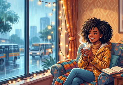 A stylized illustration of a Black woman with curly hair relaxing indoors on a cozy armchair, smiling and holding a steaming mug while watching a heavy downpour and Nairobi matatus through a large window.