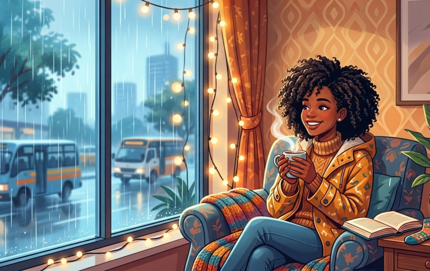 A stylized illustration of a Black woman with curly hair relaxing indoors on a cozy armchair, smiling and holding a steaming mug while watching a heavy downpour and Nairobi matatus through a large window.