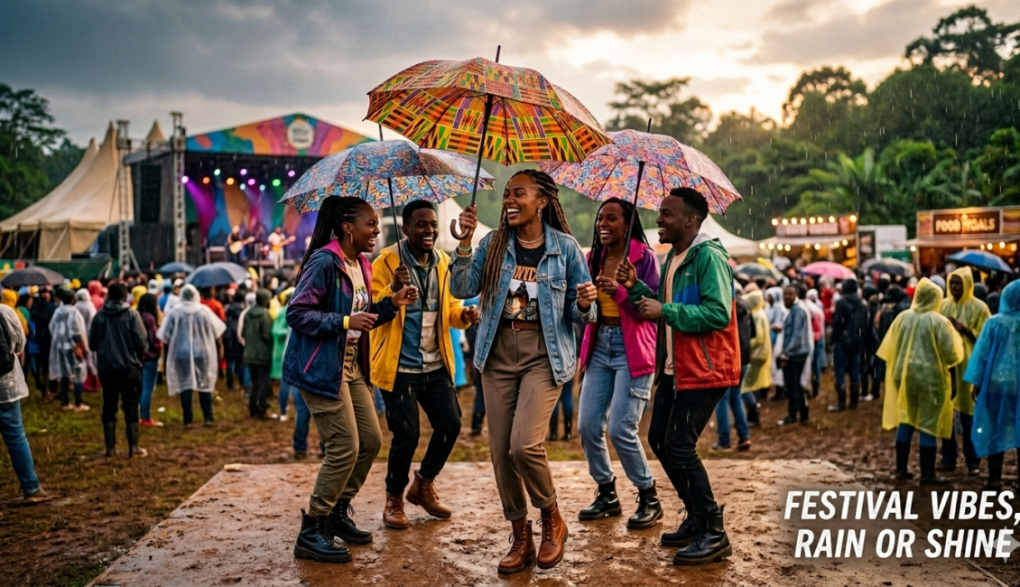 A group of smiling friends dancing in the rain at an outdoor music festival in Nairobi, holding colorful patterned umbrellas on a muddy dancefloor with a concert stage in the background.