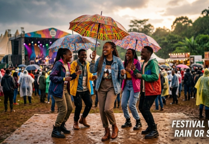A group of smiling friends dancing in the rain at an outdoor music festival in Nairobi, holding colorful patterned umbrellas on a muddy dancefloor with a concert stage in the background.