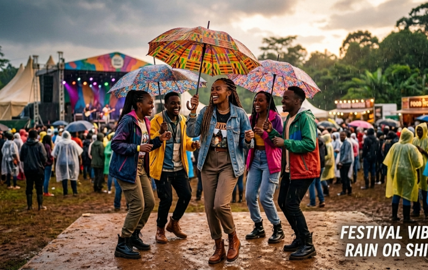 A group of smiling friends dancing in the rain at an outdoor music festival in Nairobi, holding colorful patterned umbrellas on a muddy dancefloor with a concert stage in the background.