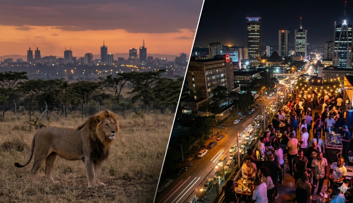 A male African lion standing in the grassy savannah of Nairobi National Park with the modern city skyline blurred in the background during a golden sunset.