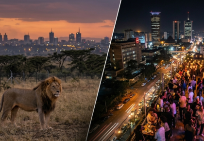 A male African lion standing in the grassy savannah of Nairobi National Park with the modern city skyline blurred in the background during a golden sunset.