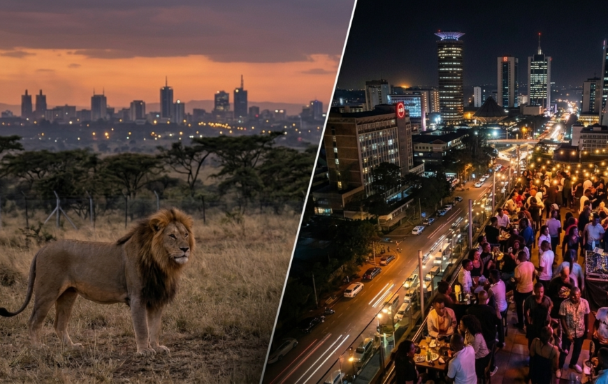 A male African lion standing in the grassy savannah of Nairobi National Park with the modern city skyline blurred in the background during a golden sunset.