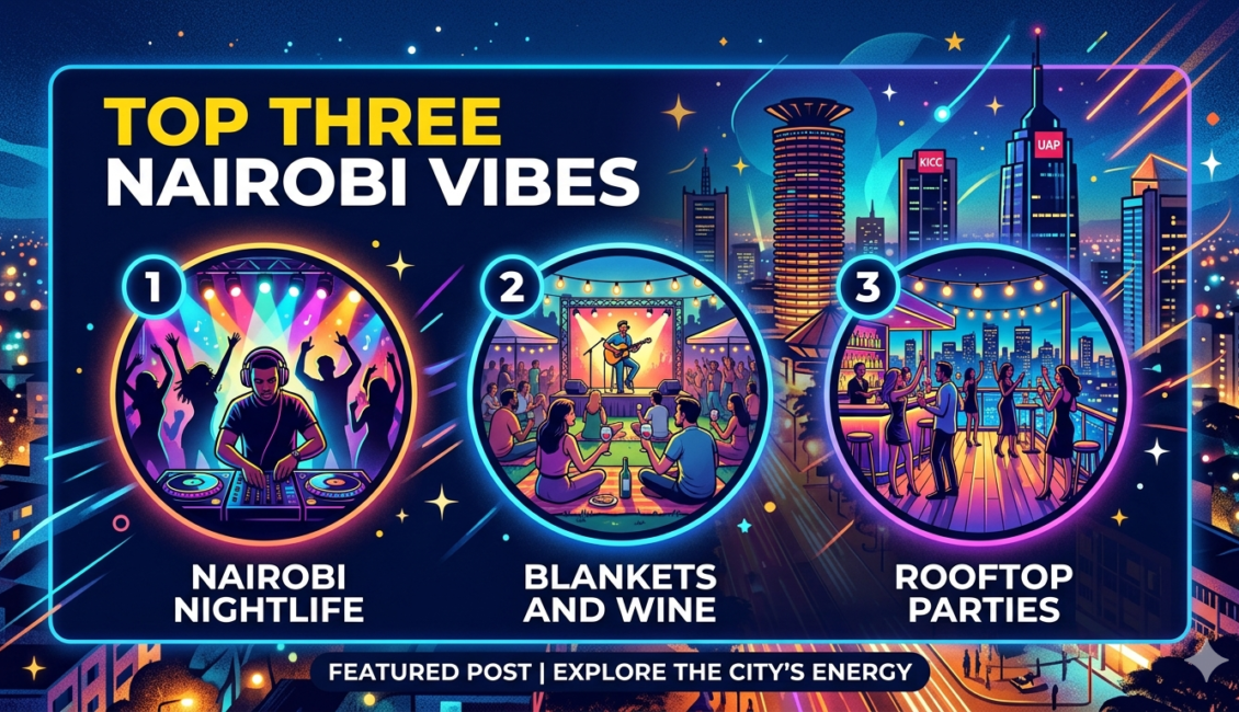 Infographic titled Top Three Nairobi Vibes showing a neon Nairobi skyline at night with three circular illustrations for Nairobi Nightlife, Blankets and Wine festival, and city Rooftop Parties.