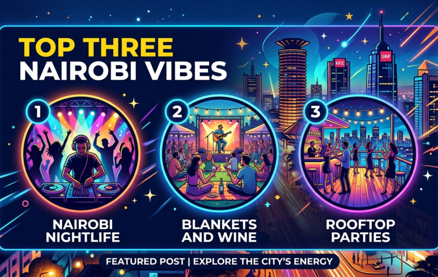 Infographic titled Top Three Nairobi Vibes showing a neon Nairobi skyline at night with three circular illustrations for Nairobi Nightlife, Blankets and Wine festival, and city Rooftop Parties.