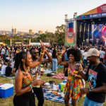 A vibrant outdoor music festival crowd laughing and dancing on picnic blankets during the daytime at Blankets and Wine 2026 in Nairobi, Kenya, with a live music stage and city skyline in the background.