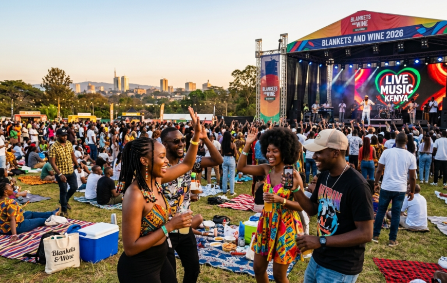 A vibrant outdoor music festival crowd laughing and dancing on picnic blankets during the daytime at Blankets and Wine 2026 in Nairobi, Kenya, with a live music stage and city skyline in the background.