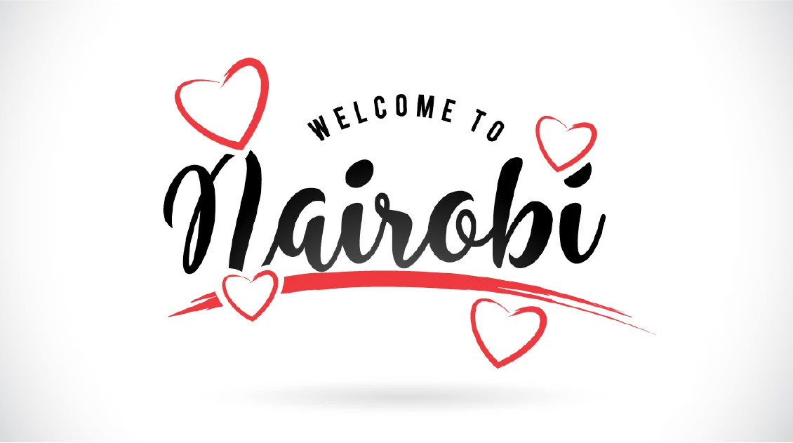 Graphic reading Welcome to Nairobi in black handwritten font with red artistic hearts on a white background.