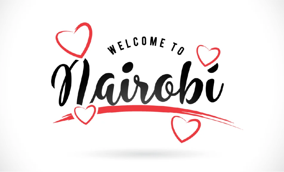 Westlands Banquet Centre 5 Graphic reading Welcome to Nairobi in black handwritten font with red artistic hearts on a white background.