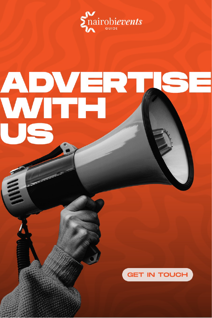 Ads A hand holding a megaphone against an orange background with text that reads "Advertise with us" and the Nairobi Events Guide logo.