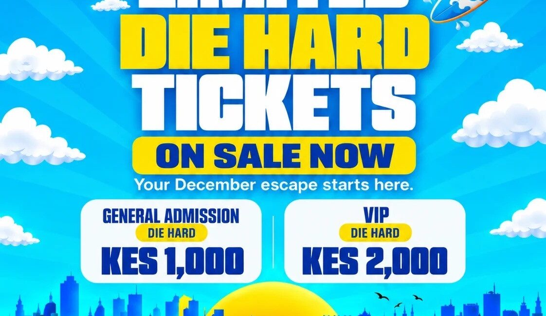 AfroCoast 2: Ride The Wave beach festival flyer. Limited Die Hard tickets on sale: General Admission KES 1,000, VIP KES 2,000. Saturday, 19 December 2026 at The New Big Tree, Bamburi Beach, Mombasa. Gates open 4 PM to 5 AM. 18 plus only.