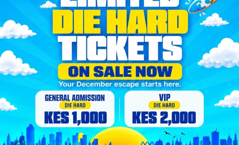 AfroCoast 2: Ride The Wave beach festival flyer. Limited Die Hard tickets on sale: General Admission KES 1,000, VIP KES 2,000. Saturday, 19 December 2026 at The New Big Tree, Bamburi Beach, Mombasa. Gates open 4 PM to 5 AM. 18 plus only.